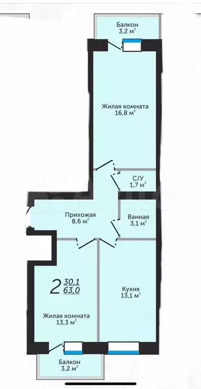 2-к. квартира, 63 м, 2/4 эт. - Фото 0