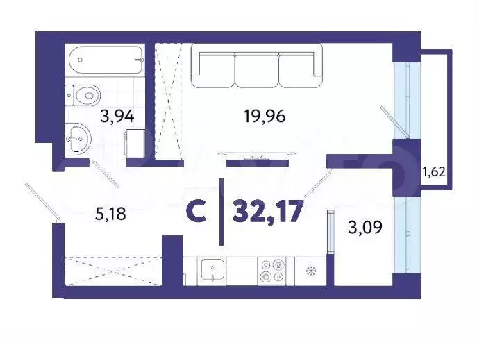 Квартира-студия, 32,2 м, 5/13 эт. - Фото 1