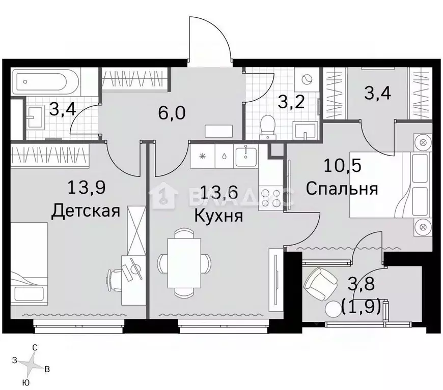 2-к кв. Москва Строительный проезд, 9 (55.9 м) - Фото 2