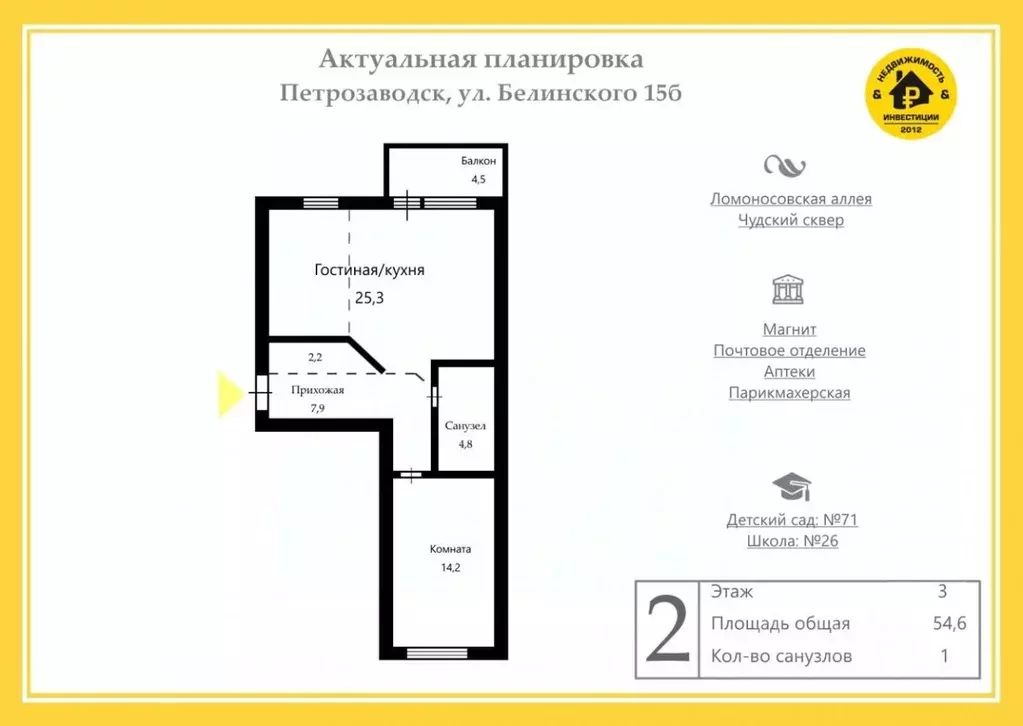 2-к кв. Карелия, Петрозаводск ул. Белинского, 15Б (54.0 м) - Фото 1