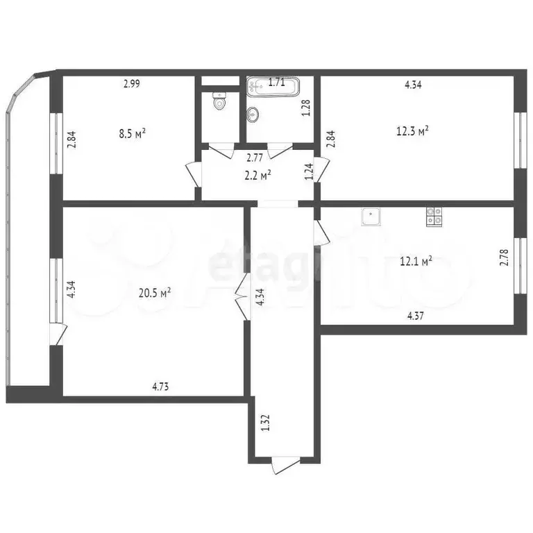 3-к. квартира, 66,6 м, 4/7 эт. - Фото 1