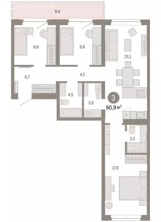 3-комнатная квартира: Тюмень, жилой комплекс На Минской (90.87 м) - Фото 1