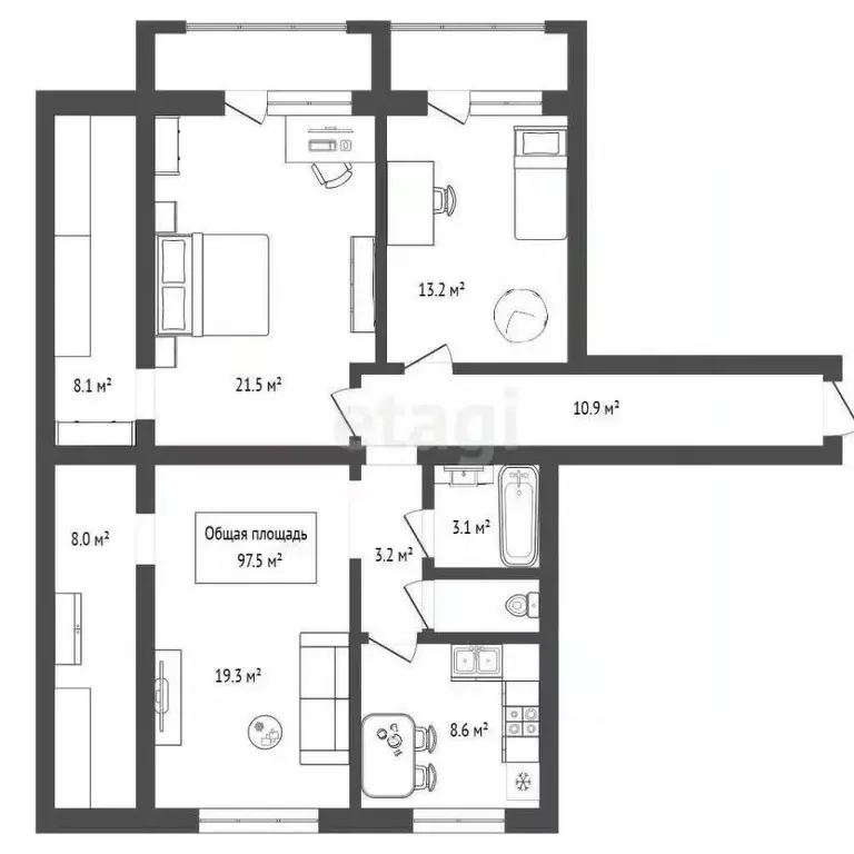 3-к кв. Новосибирская область, Новосибирск Владимировская ул., 21 ... - Фото 2