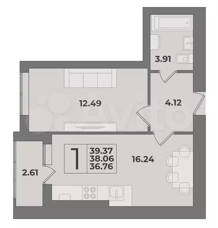 1-к. квартира, 39,4 м, 9/9 эт. - Фото 0