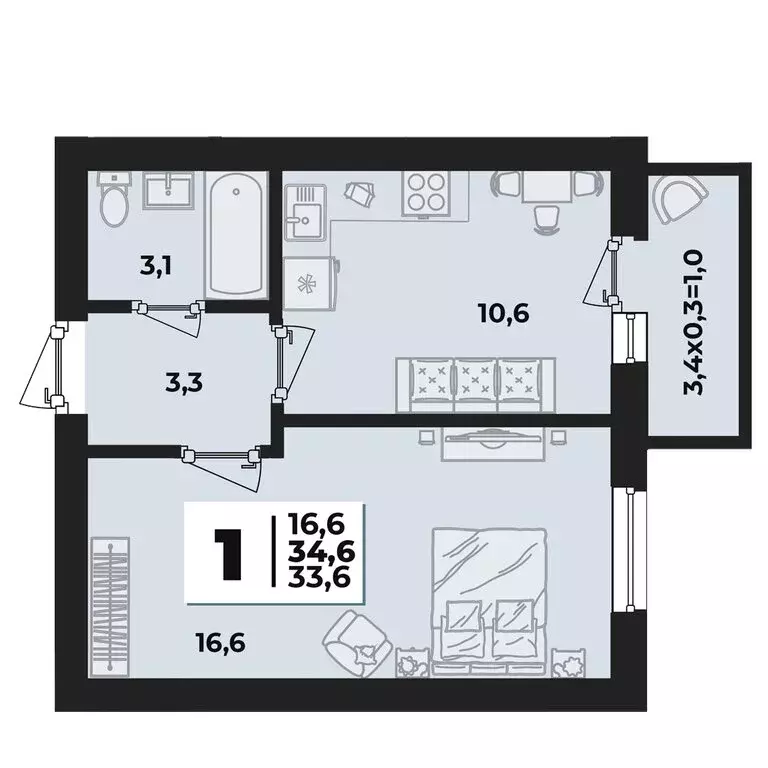 1-комнатная квартира: аул Новая Адыгея, улица Тургеневское шоссе, 33/4 ... - Фото 1