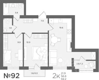 2-к кв. Калининградская область, Пионерский МС18 жилой комплекс (56.6 ... - Фото 1