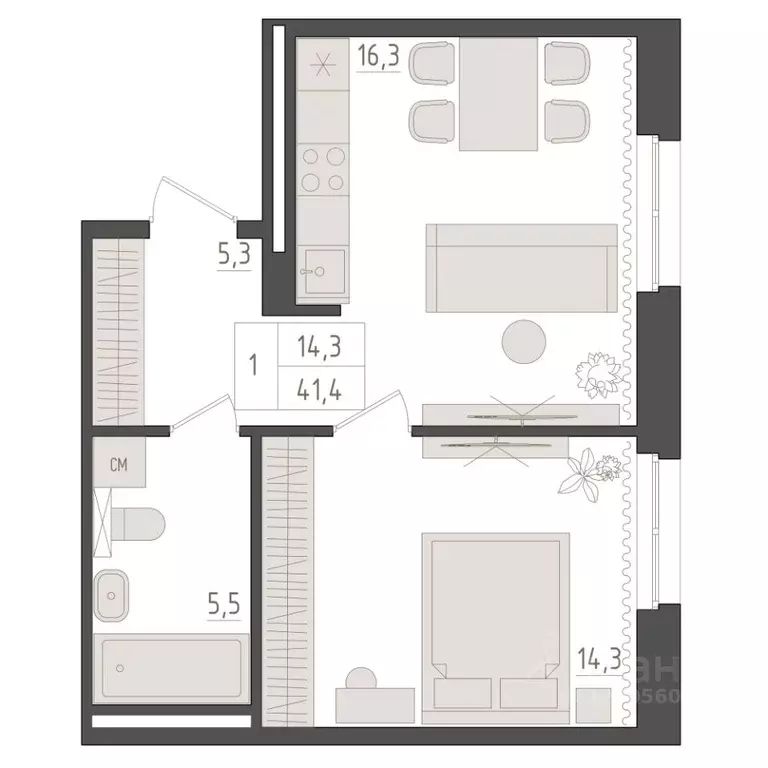 1-к кв. Башкортостан, Уфа 563-й кв-л,  (41.4 м) - Фото 1