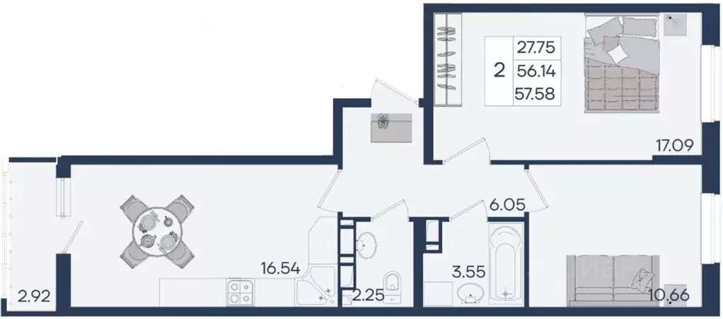 2-к кв. Краснодарский край, Краснодар  (57.58 м) - Фото 1