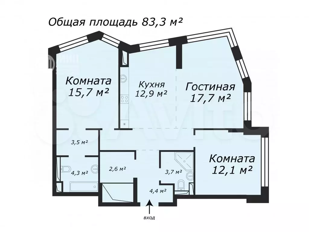 2-к. квартира, 83,3 м, 16/26 эт. - Фото 0