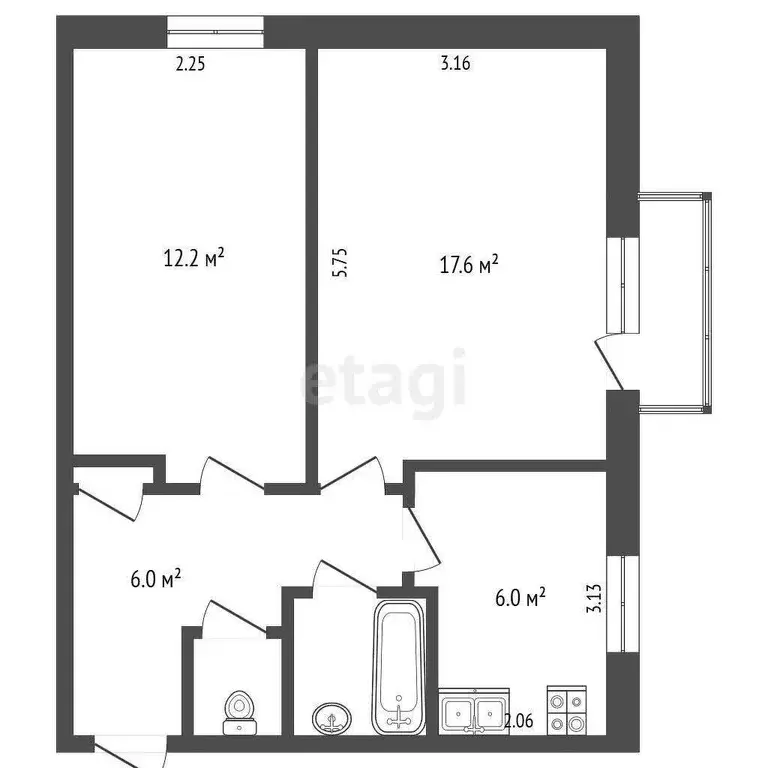 Квартира, 2 комнаты, 45.7 м - Фото 1