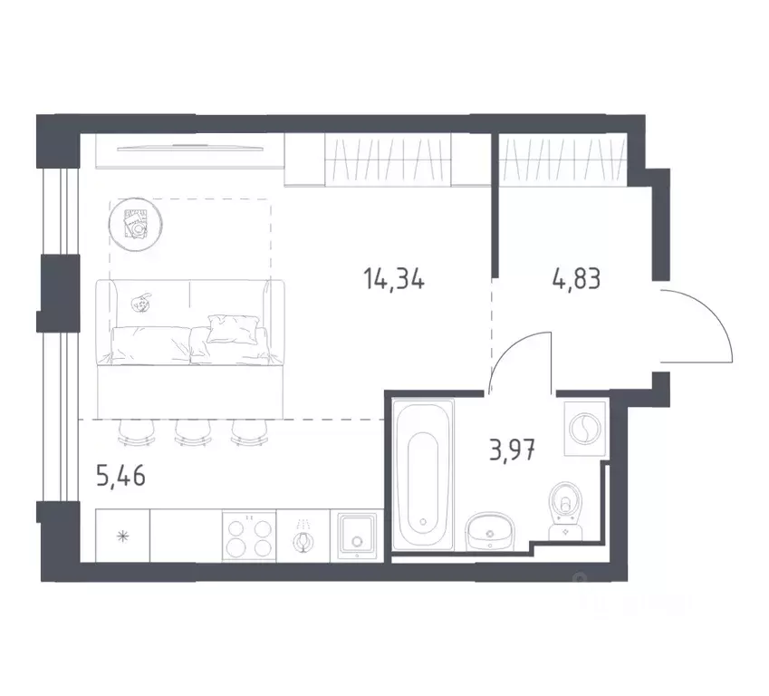 Студия Забайкальский край, Чита Железобетонная ул., 1/4 (28.6 м) - Фото 1