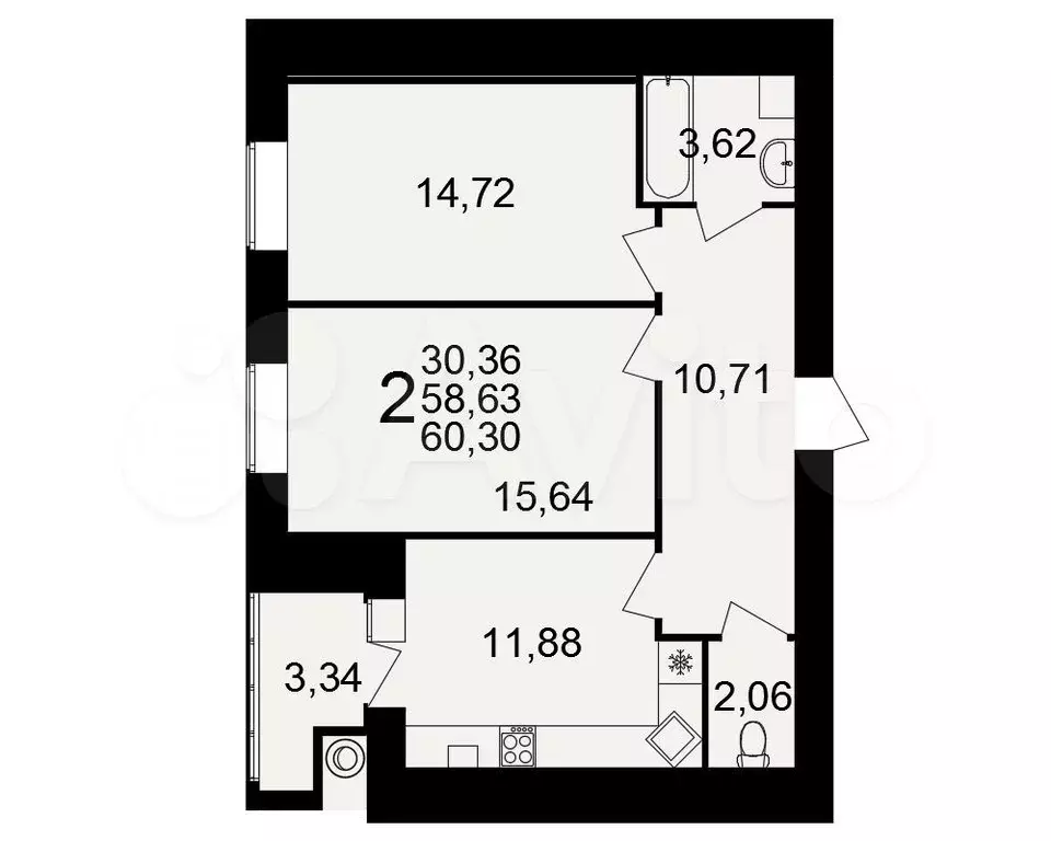 2-к. квартира, 60,3 м, 12/15 эт. - Фото 1
