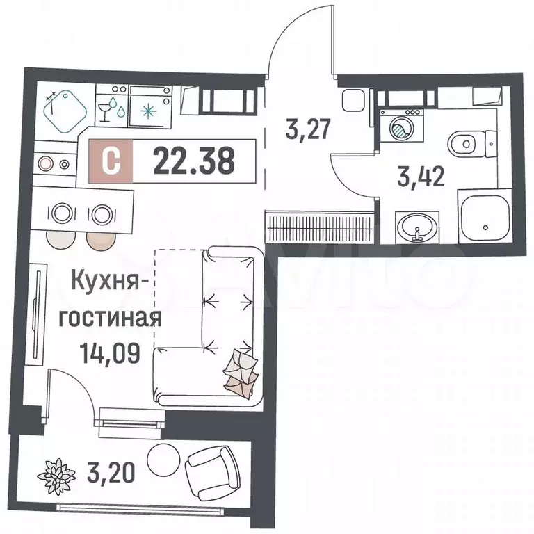 Квартира-студия, 22,4 м, 6/18 эт. - Фото 0
