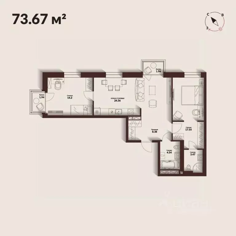 2-к кв. Приморский край, Владивосток Каскада жилой комплекс (73.67 м) - Фото 1