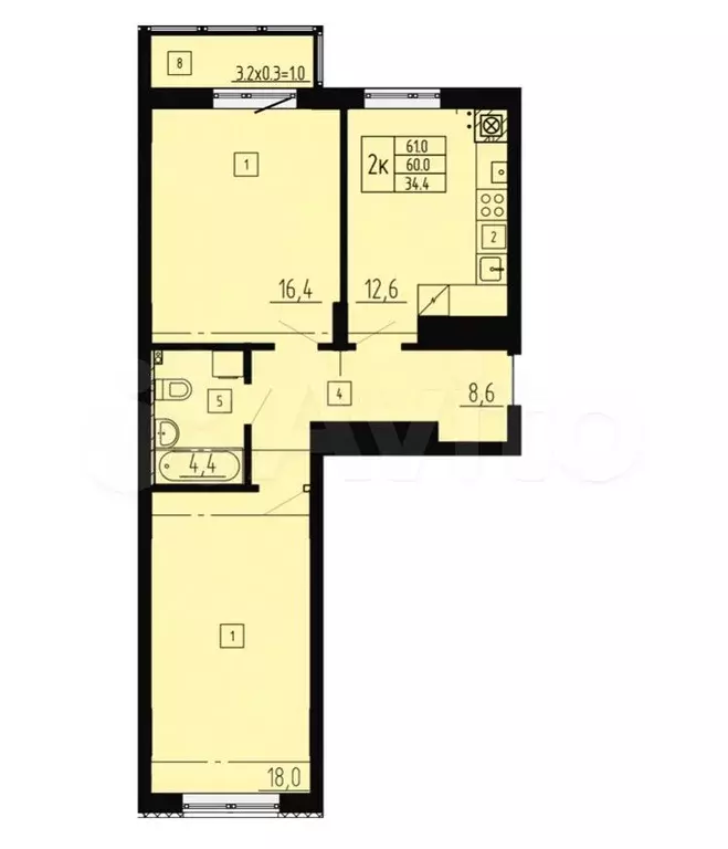 2-к. квартира, 61 м, 5/8 эт. - Фото 1