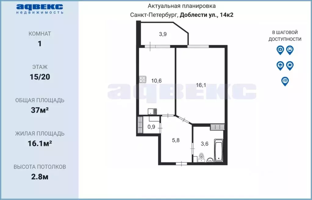 1-к кв. Санкт-Петербург ул. Доблести, 14к2 (37.0 м) - Фото 1