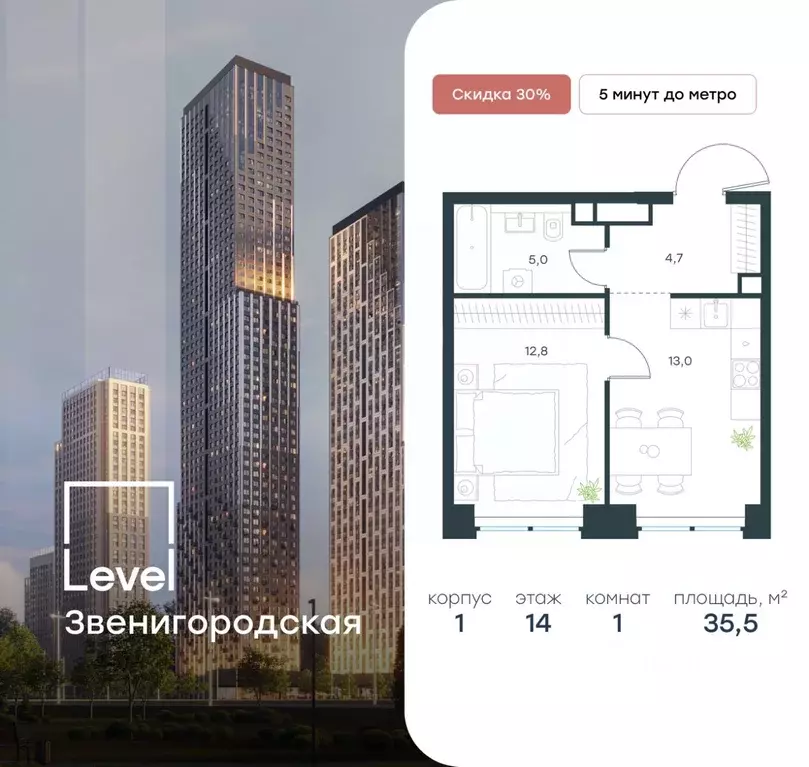 1-к кв. Москва Левел Звенигородская жилой комплекс (35.5 м) - Фото 0