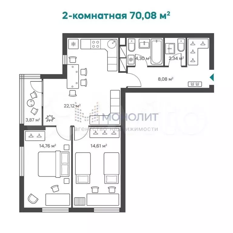 2-к. квартира, 71,5 м, 2/15 эт. - Фото 0
