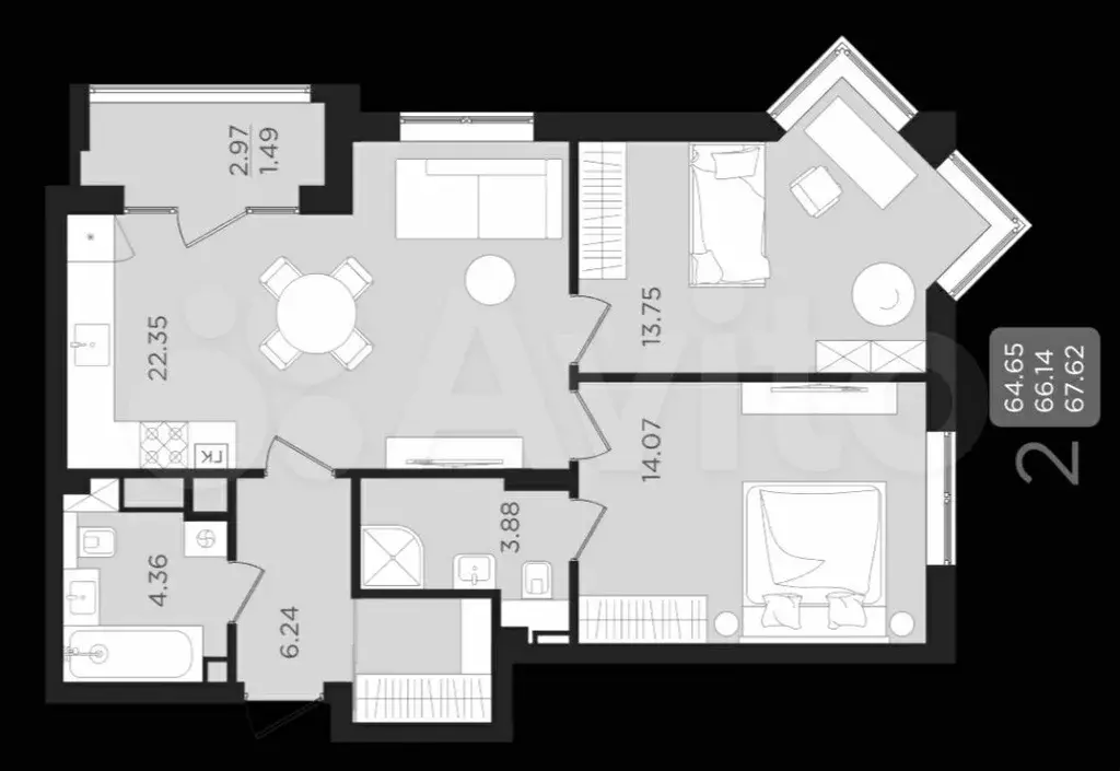 2-к. квартира, 68 м, 6/9 эт. - Фото 1