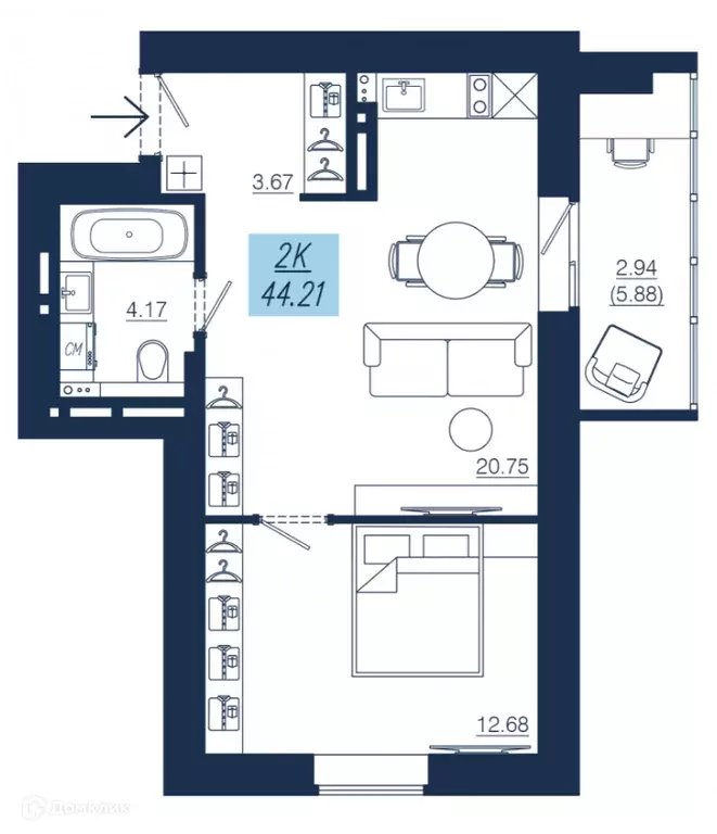Продаётся 2-к квартира, 44.21 м - Фото 1