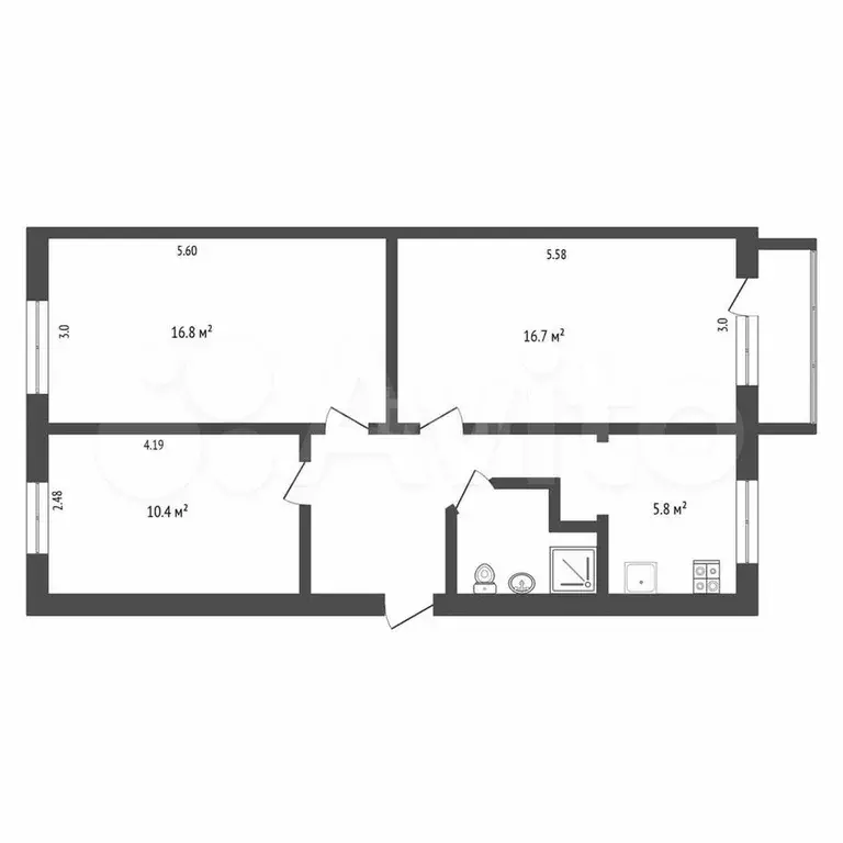 3-к. квартира, 59,1 м, 2/5 эт. - Фото 0