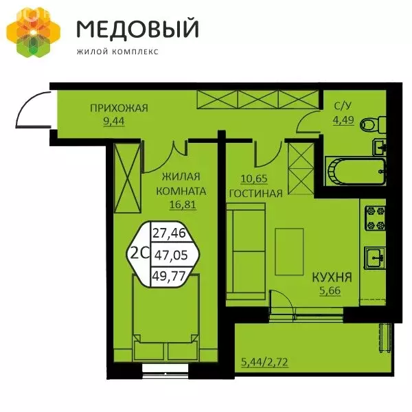 2-комнатная квартира: деревня Кондратово, улица Н.М. Яблокова, 2 (46.1 ... - Фото 1