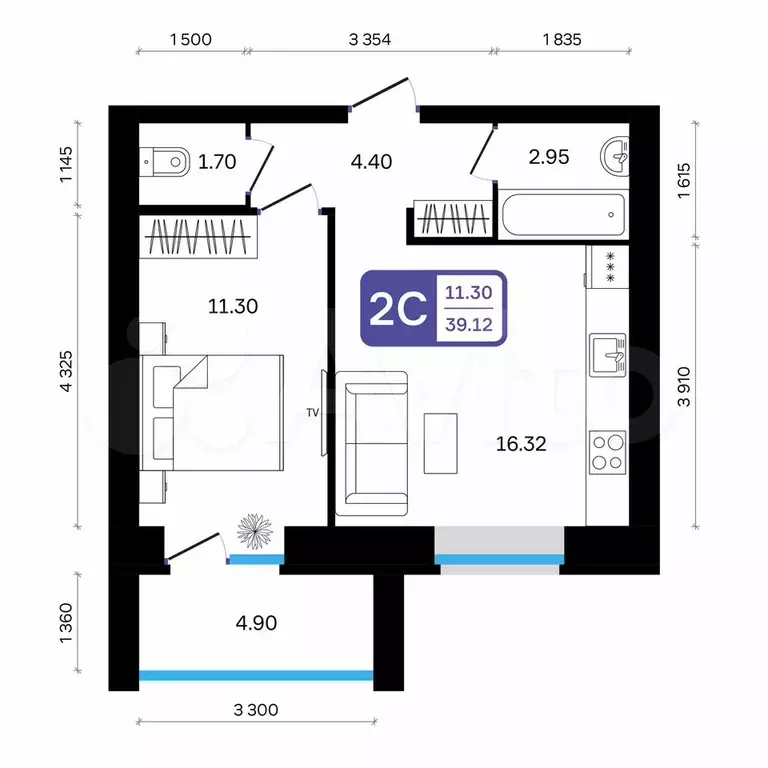 2-к. квартира, 39,1 м, 5/9 эт. - Фото 0