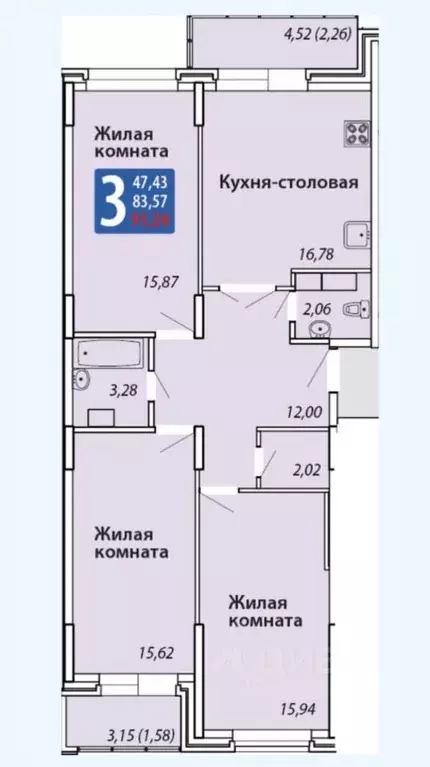 3-к кв. Чувашия, Чебоксары просп. Геннадия Айги, 23 (83.57 м) - Фото 2