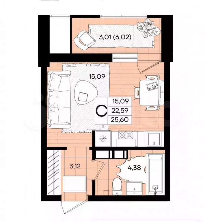 Квартира-студия, 25,6 м, 7/9 эт. - Фото 0