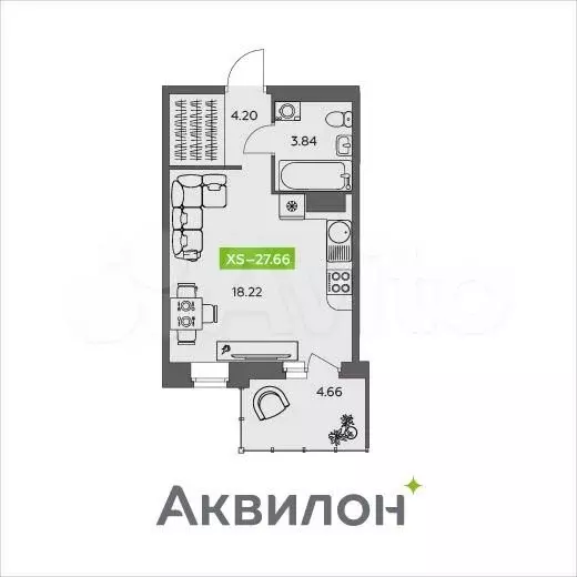 Квартира-студия, 27,7м, 3/9эт. - Фото 1