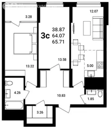 2-комнатная квартира: Уфа, улица Сагита Агиша, 19 (65.71 м) - Фото 1