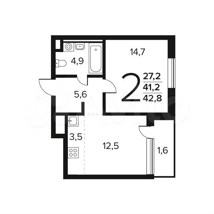 2-к. квартира, 42,8 м, 2/9 эт. - Фото 0