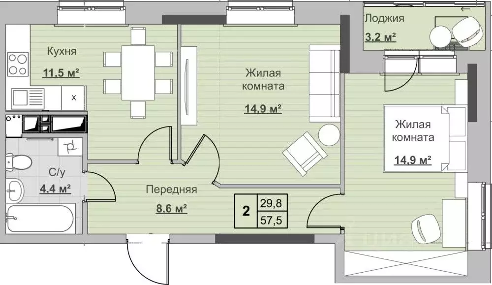 2-к кв. Удмуртия, Ижевск ул. Ухтомского (57.5 м) - Фото 0