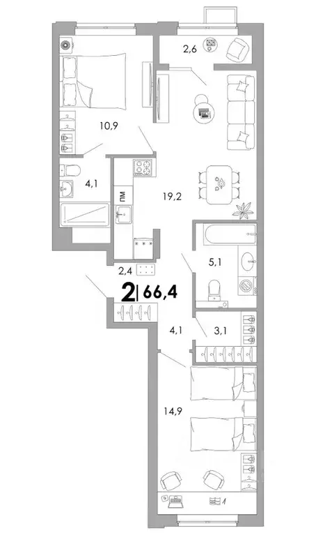 2-к кв. Владимирская область, Владимир Уно жилой комплекс (66.4 м) - Фото 1