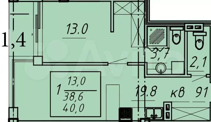 1-к. квартира, 40 м, 8/8 эт. - Фото 0