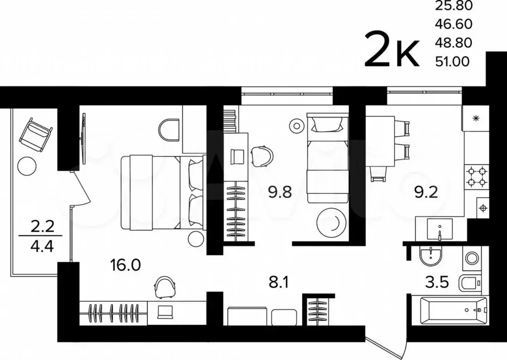 2-к. квартира, 48,8 м, 2/4 эт. - Фото 1