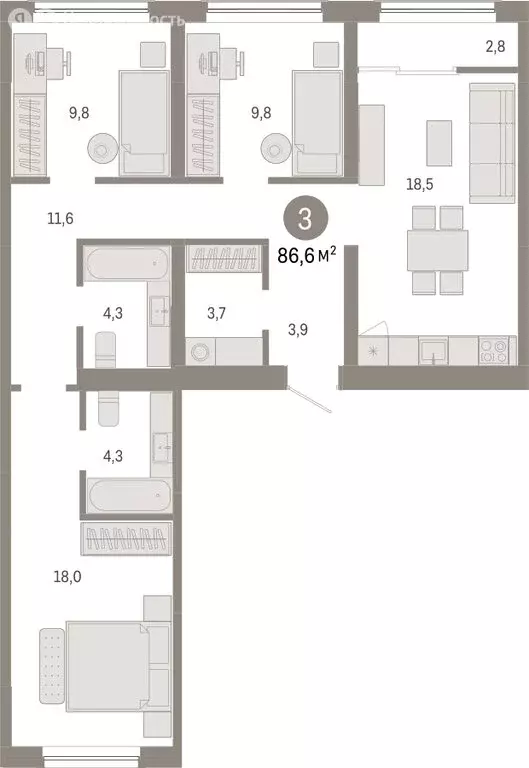 3-комнатная квартира: Новосибирск, Большевистская улица, с49 (86.57 м) - Фото 1