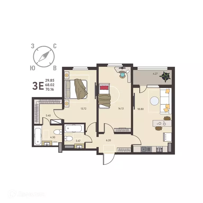 Продаётся 2-к квартира, 70.16 м - Фото 0