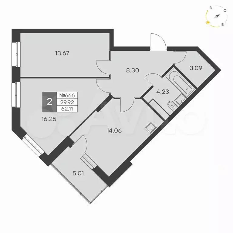 2-к. квартира, 62,1 м, 15/25 эт. - Фото 0