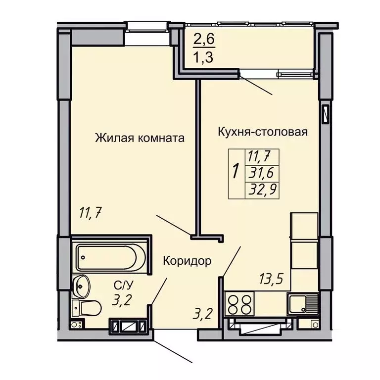 1-комнатная квартира: Волгоград, жилой комплекс Засекин  (32.9 м) - Фото 0
