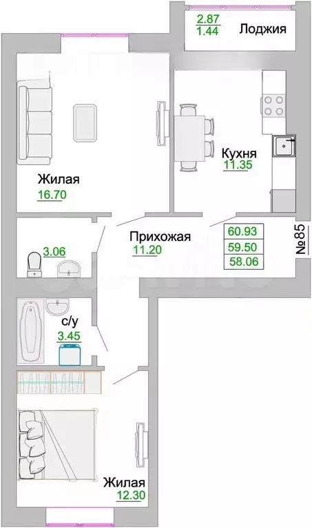 2-к. квартира, 59,5 м, 1/9 эт. - Фото 1