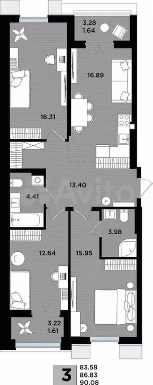 3-к. квартира, 90,1 м, 5/5 эт. - Фото 1