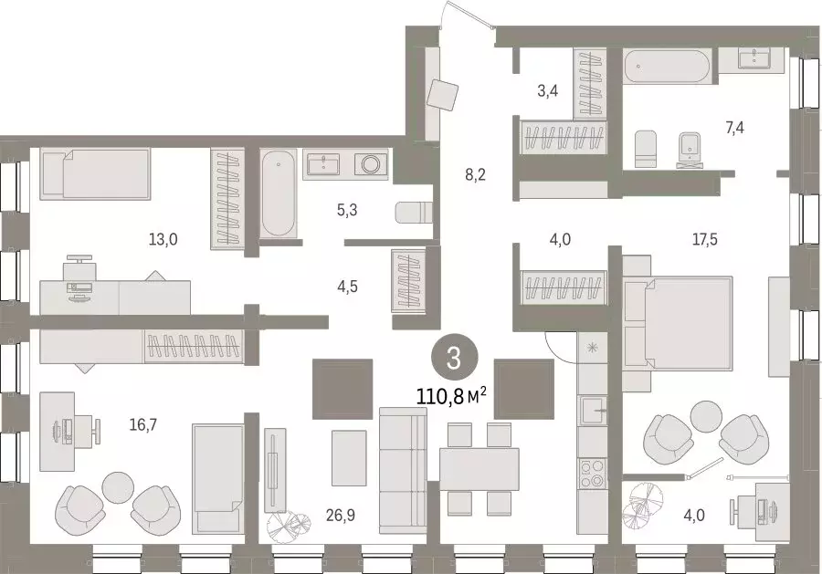 3-комнатная квартира: Тюмень, Мысовская улица, 26к1 (110.82 м) - Фото 0