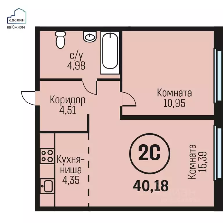 2-к кв. Алтайский край, Барнаул городской округ, Южный рп  (40.18 м) - Фото 0