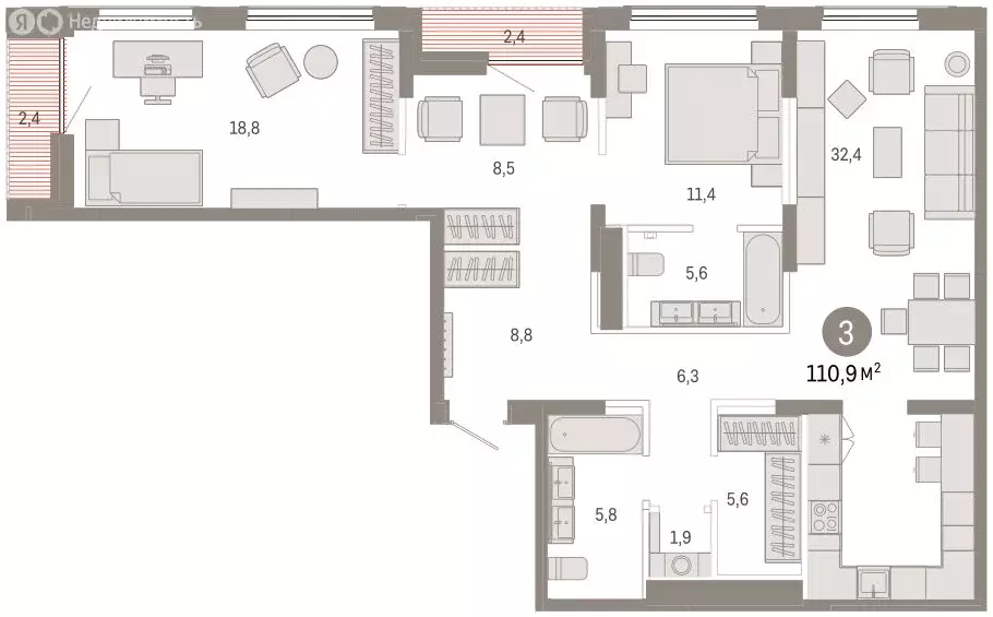 3-комнатная квартира: Тюмень, Краснооктябрьская улица, 4к2 (110.7 м) - Фото 2