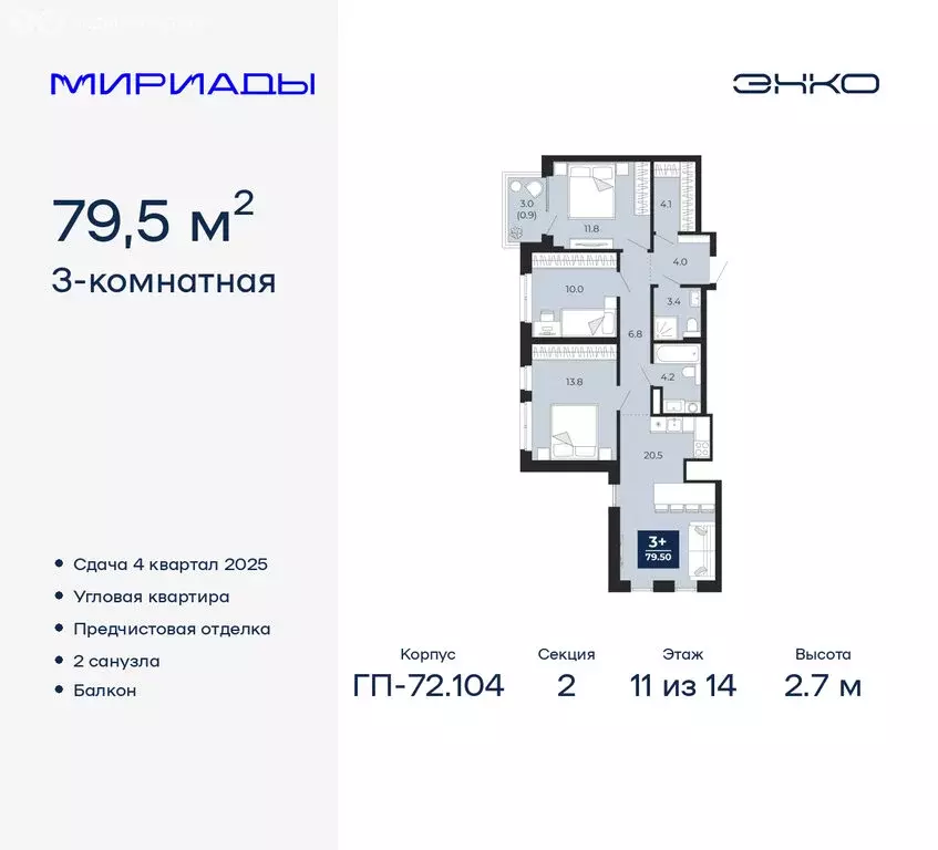 3-комнатная квартира: Тюмень, ЖК Мириады (79.5 м) - Фото 0