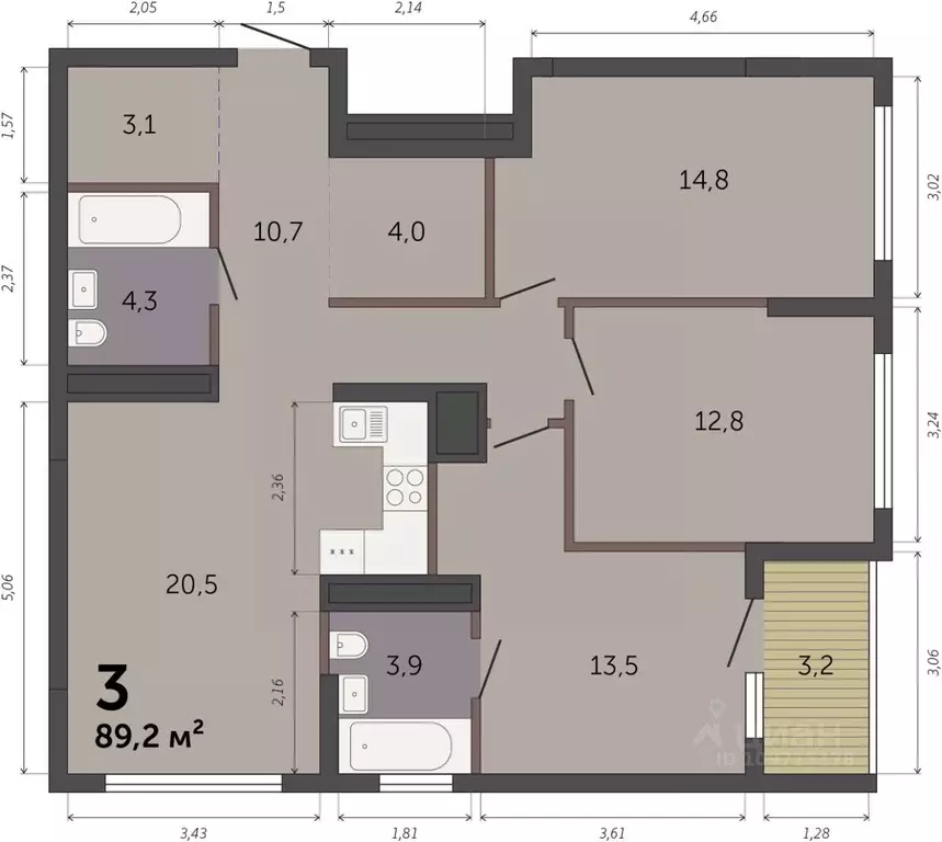 3-к кв. Свердловская область, Екатеринбург Южный жилрайон,  (89.2 м) - Фото 1