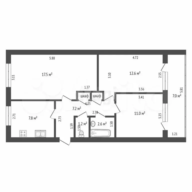 3-к. квартира, 60,4 м, 3/4 эт. - Фото 0