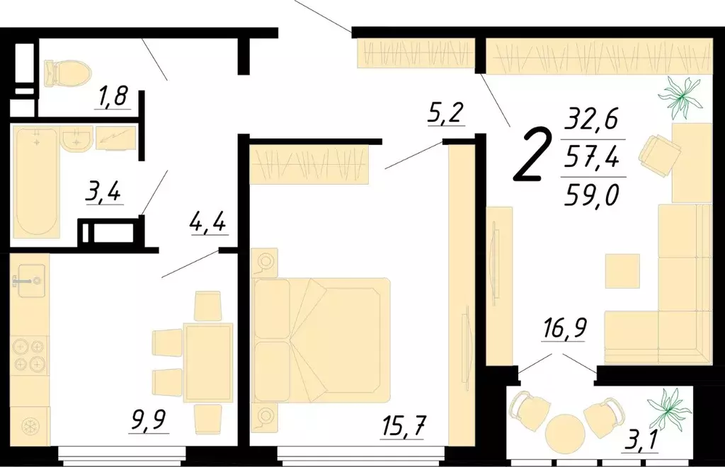 2-к кв. Воронежская область, Воронеж ул. Пескова, 8 (59.1 м) - Фото 2