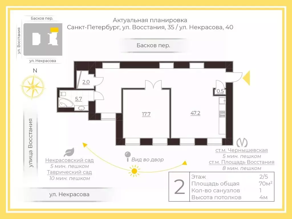 2-к кв. Санкт-Петербург пер. Басков, 33 (70.0 м) - Фото 1